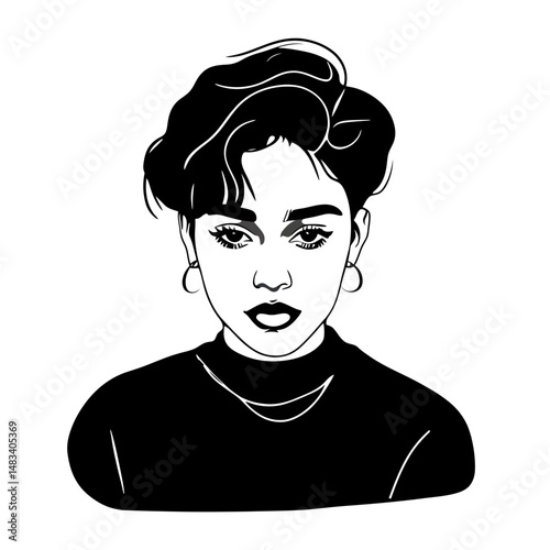 Monochrome minimalist vector portrait of young woman with short tousled hairstyle hoop earrings and bold makeup in flat style illustration