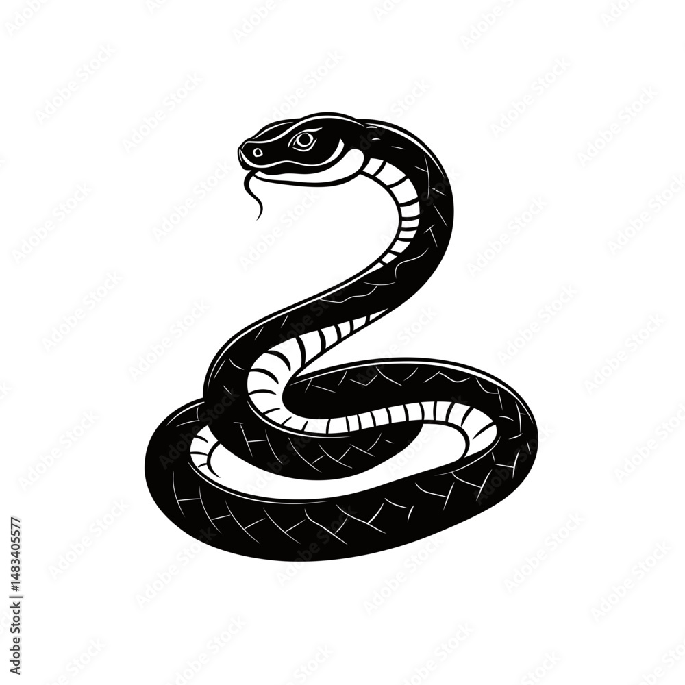 Fototapeta premium Black and white coiled snake vector illustration with detailed scale pattern and forked tongue in minimalist flat style design for reptile concept