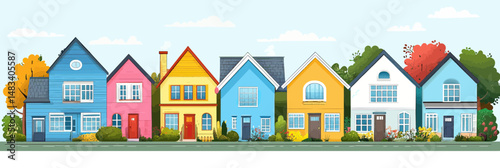 Row of colorful suburban houses with diverse architectural styles and front yards in flat minimalist vector illustration with autumn trees and clear sky background