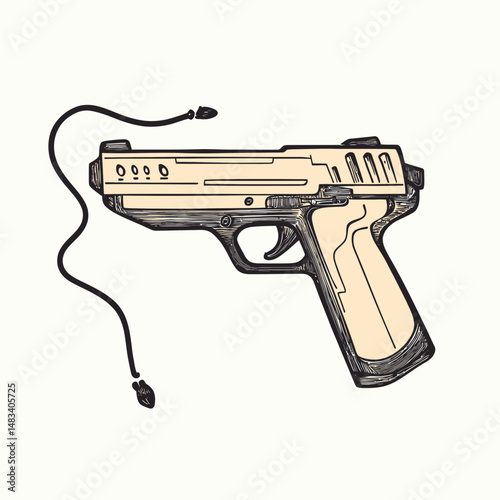 Hand drawn sketch style illustration of beige pistol handgun with disconnected wire tip vector isolated on white background for gaming or security concept design
