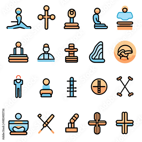 Minimalist chiropractor icon set with spine, physical therapy poses, posture correction, massage therapy tools, and wellness symbols in flat vector style