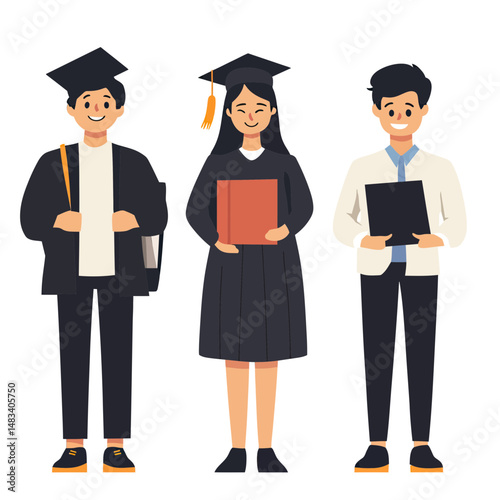 Group of three diverse students wearing graduation caps and gowns holding diplomas and books celebrating academic achievement flat vector illustration