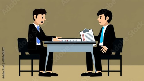 Two Businessmen in Meeting, Discussing Documents, Simple Vector Illustration