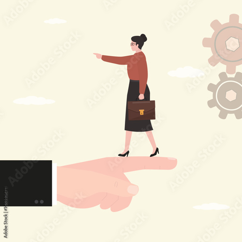 Businesswoman standing on giant hand pointing in opposite way. Employee conflict direction, argument between colleagues, different thought, disagreement, opposite path,