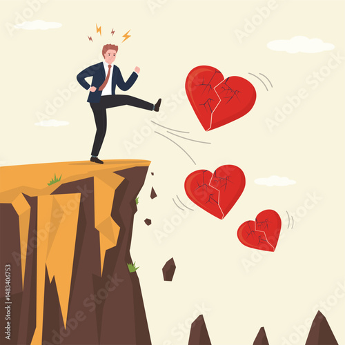 Angry male character hit and kick broken hearts from cliff into abyss, metaphor of family problem. Marriage difficulties problem, divorce