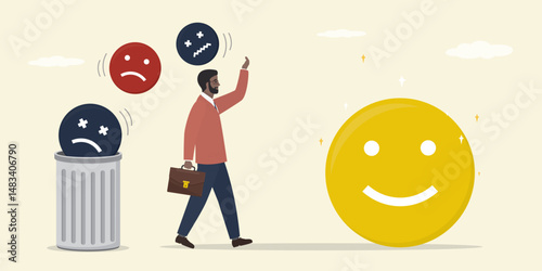 Overcoming stress and anxiety. Stop emotional problems, uncertainty or worried about work. Businessman throw out negative emotions into trash can. Positive thinking, good mood.