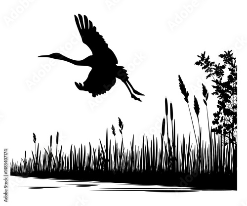 Nature landscape with birds silhouettes. Crane flies over the lake. Vector illustration.	
