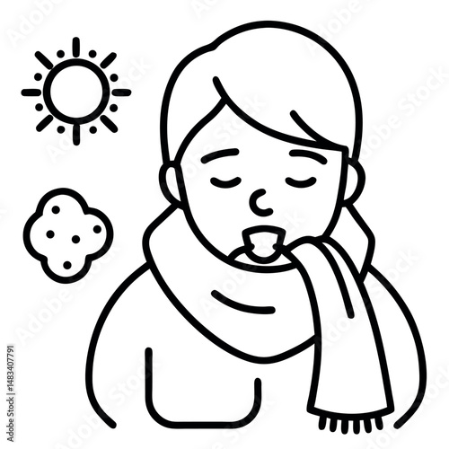 Flu Icon – Line Art of Person with Fever, Cough, and Runny Nose