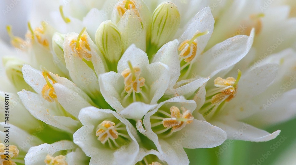 Fototapeta premium Close-up of a group of white flowers with yellow stamens. the flowers are arranged in a cluster, with some overlapping each other.