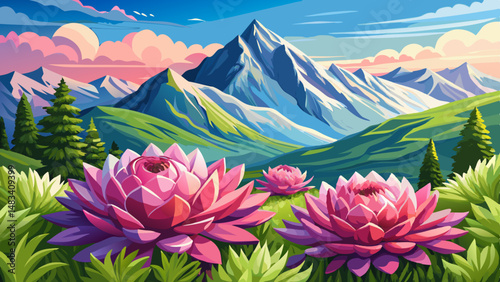 Closeup of beautiful pink flowers Sempervivum montanum or Houseleeks growing in the mountain meadow Summer landscape with Mont Blanc massif Monte Bianco at the background Aosta Valley : Generative . v
