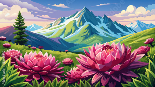 Closeup of beautiful pink flowers Sempervivum montanum or Houseleeks growing in the mountain meadow Summer landscape with Mont Blanc massif Monte Bianco at the background Aosta Valley : Generative . v