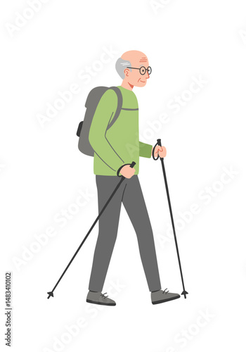 Elderly man hiking with trekking poles in outdoor setting.   Vector illustration about health and physical activity of elderly people. Style - minimalism, pastel colors, white background.