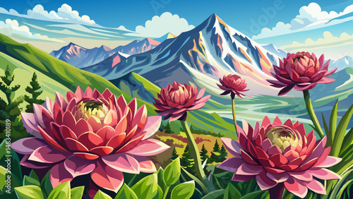 Closeup of beautiful pink flowers Sempervivum montanum or Houseleeks growing in the mountain meadow Summer landscape with Mont Blanc massif Monte Bianco at the background Aosta Valley : Generative . v