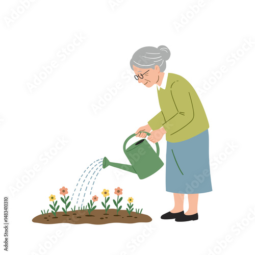 Elderly woman watering flowers in garden with green watering can. Vector illustration about health and physical activity of elderly people. Style - minimalism, pastel colors, white background.