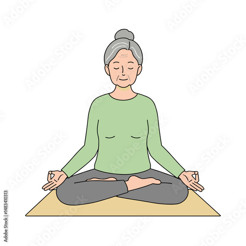 Elderly woman meditating calmly on a yoga mat indoors.   Vector illustration about health and physical activity of elderly people. Style - minimalism, pastel colors, white background.
