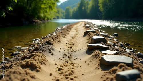 Natural alluvial path along riverbank showing water-sorted stones and sand layers in dappled light.