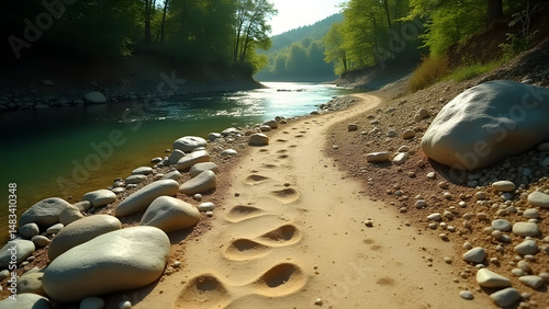 Natural alluvial path along riverbank showing water-sorted stones and sand layers in dappled light.
