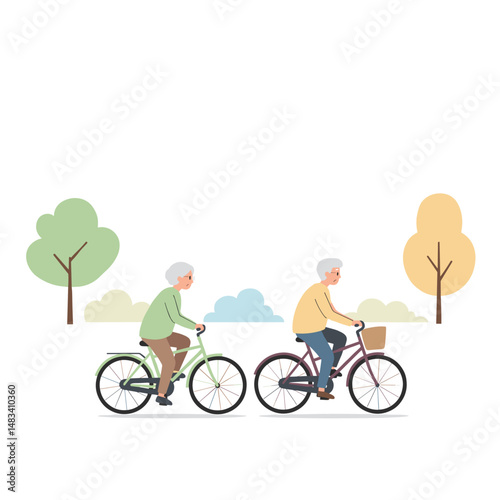 Elderly couple riding bicycles in a park during a sunny day  .   Vector illustration about health and physical activity of elderly people. Style - minimalism, pastel colors, white background.