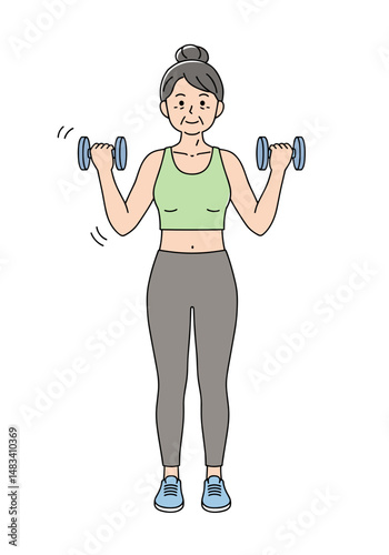 Senior woman exercising with dumbbells in a fitness outfit. Vector illustration about health and physical activity of elderly people. Style - minimalism, pastel colors, white background.