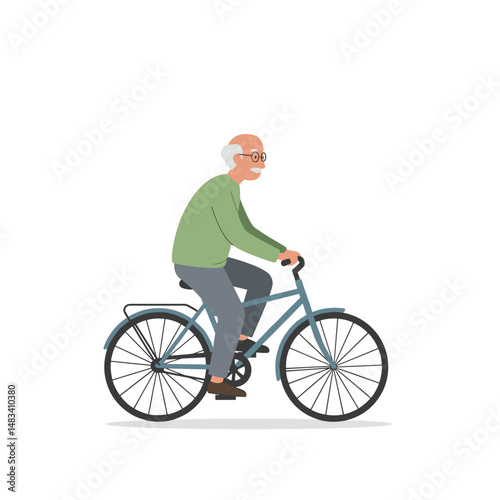 Elderly man riding bicycle in casual clothing with a smile.   Vector illustration about health and physical activity of elderly people. Style - minimalism, pastel colors, white background.