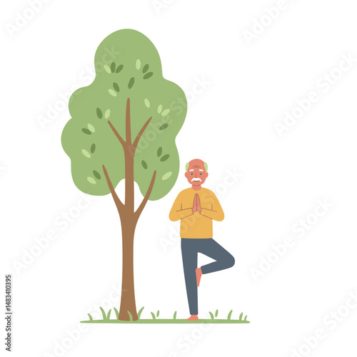 Elderly man practicing yoga in tree pose by a large green tree. Vector illustration about health and physical activity of elderly people. Style - minimalism, pastel colors, white background.