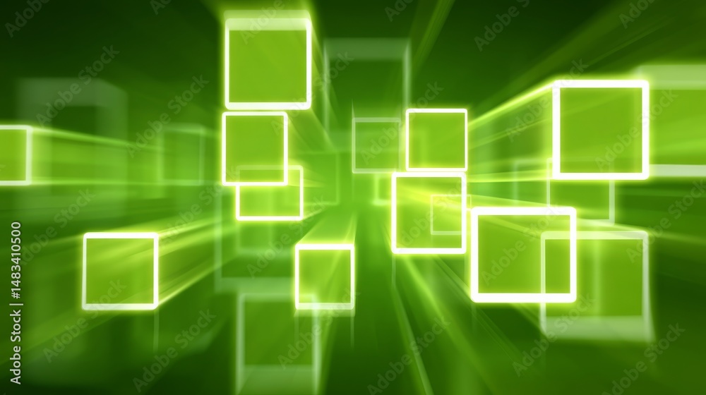 Obraz premium Abstract Digital Composition of Glowing Green Squares with Dynamic Light Effects