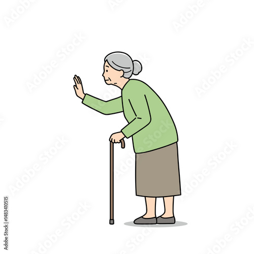 Elderly woman waving while standing with a cane in casual attire  . Vector illustration about health and physical activity of elderly people. Style - minimalism, pastel colors, white background.