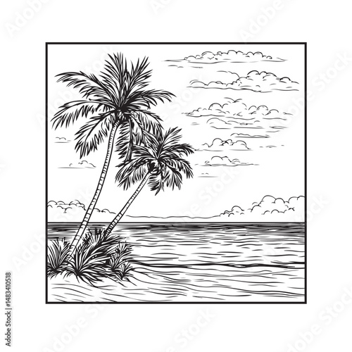 palm trees on the beach engraving outline vector art illustration design, palm tree silhouette, hand drawn beach drawing, line art palm tree, sea, beach, summer view, vintage palm tree on sea beach.