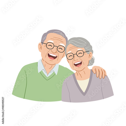 Elderly couple smiling together with arms around each other.  Vector illustration. Style - minimalism, pastel colors, white background.
