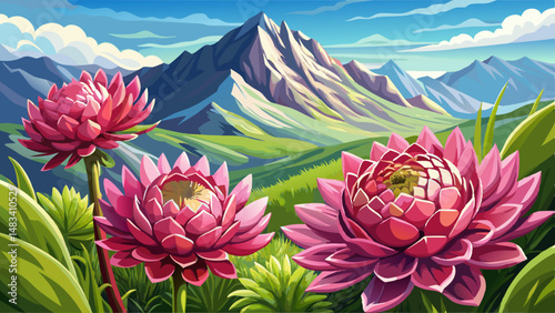 Closeup of beautiful pink flowers Sempervivum montanum or Houseleeks growing in the mountain meadow Summer landscape with Mont Blanc massif Monte Bianco at the background Aosta Valley : Generative . v