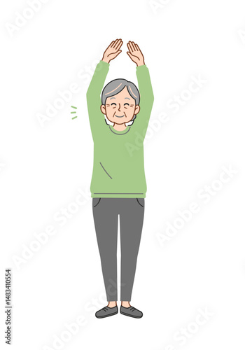Elderly woman stretching with arms raised in a simple exercise pose  .   Vector illustration about health and physical activity of elderly people. Style - minimalism, pastel colors, white background.