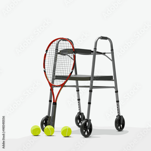 Walker with tennis racket and balls in a minimalistic style  . Vector illustration about health and physical activity of elderly people. Style - minimalism, pastel colors, white background.