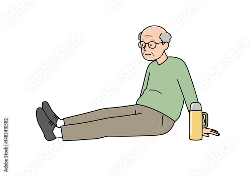 Elderly man sitting on the floor doing gymnastic exercises with thermos in casual clothes. Vector illustration about health and physical activity of elderly people. Style - minimalism, pastel colors, 