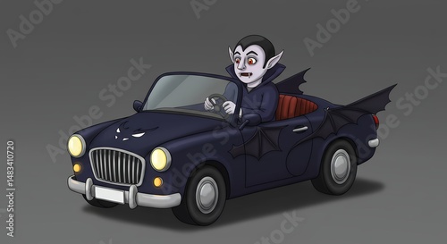 Cartoon vampire driving vintage car