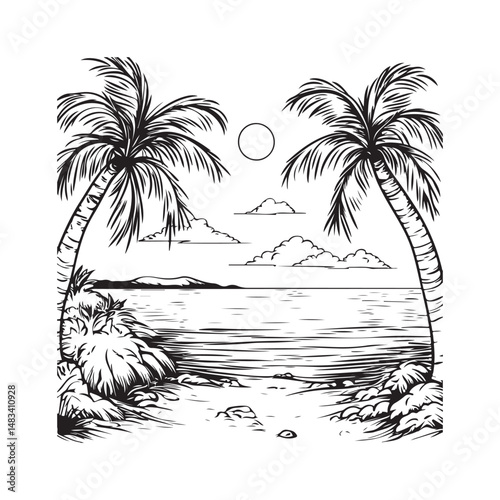 palm trees on the beach engraving outline vector art illustration design, palm tree silhouette, hand drawn beach drawing, line art palm tree, sea, beach, summer view, vintage palm tree on sea beach.