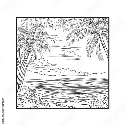 palm trees on the beach engraving outline vector art illustration design, palm tree silhouette, hand drawn beach drawing, line art palm tree, sea, beach, summer view, vintage palm tree on sea beach.