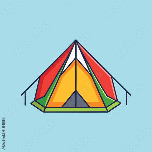 Colorful illustration of a pitched camping tent against a blue background