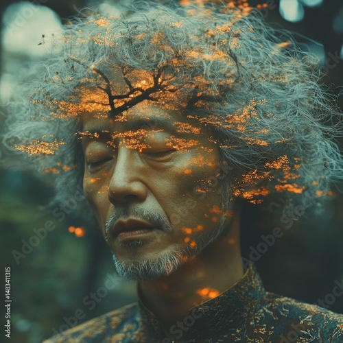 A contemplative man, with a tree crown superimposed on his head