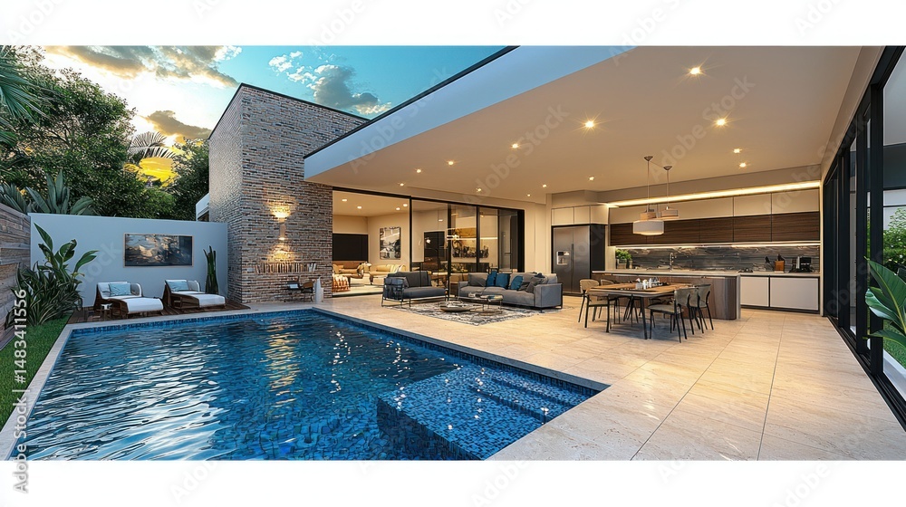 Fototapeta premium Modern, open-concept home with pool. Spacious living area, kitchen and dining, outdoor entertaining