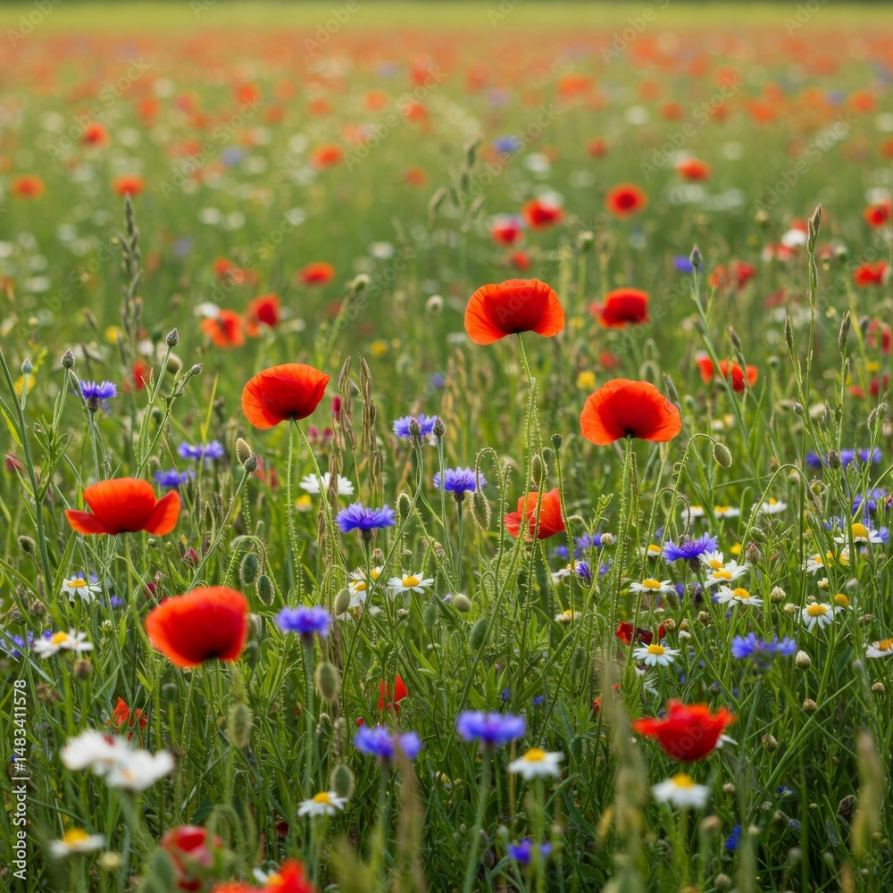 Fototapeta premium Vibrant Red Poppies and Blue Cornflowers in a Lush Green Field