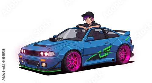 Colorful cartoon car illustration with driver
