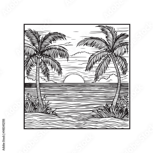 palm trees on the beach engraving outline vector art illustration design, palm tree silhouette, hand drawn beach drawing, line art palm tree, sea, beach, summer view, vintage palm tree on sea beach.