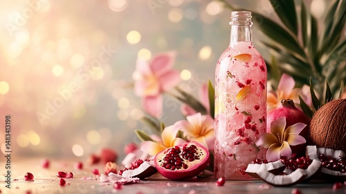Vibrant pink drink with pomegranate and tropical flowers