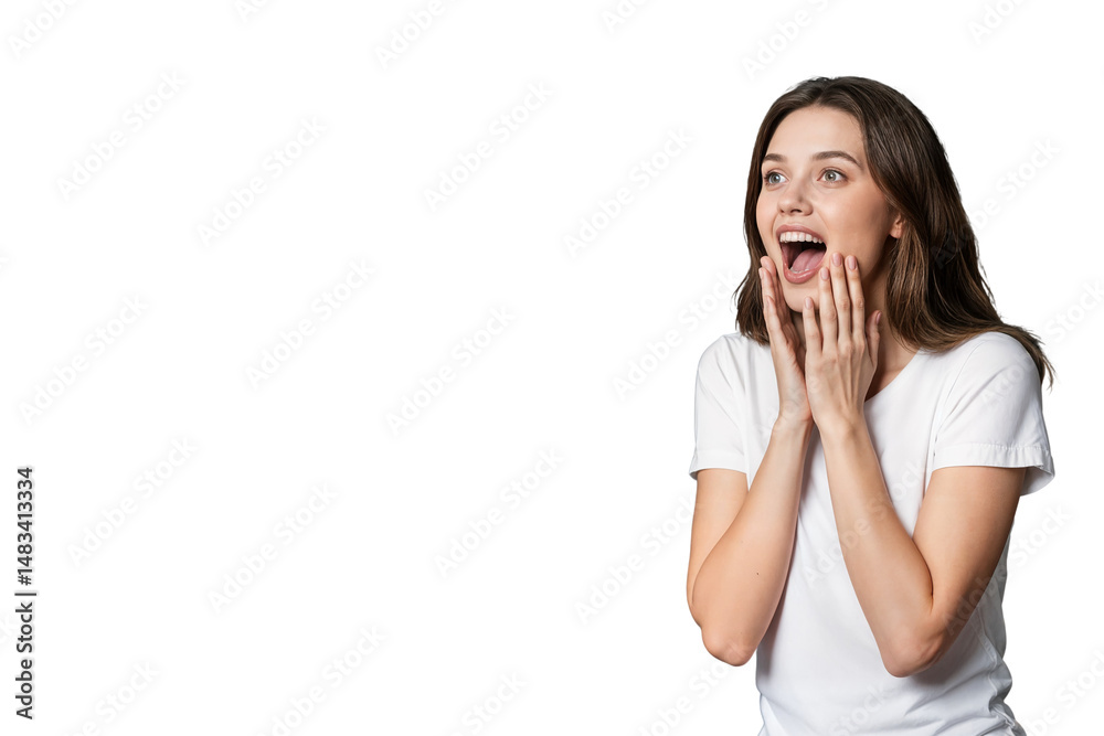 young european woman with long brown confused look hair wearing white t-shirt against png transparent background concept copy space text area available young european woman with long brown confused look hair wearing white t-shirt against png transparent background concept copy space text area available