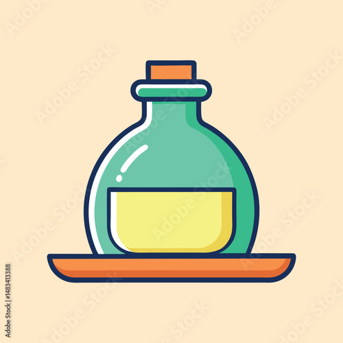 Stylized illustration of a potion bottle with simple shapes and colors