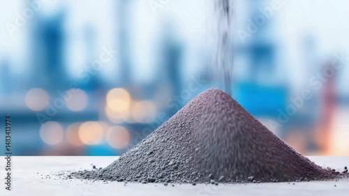 The growing demand and discovery of rare earth elements. Rare earth powder scattered on a surface, with a high-tech electronics factory in the background.