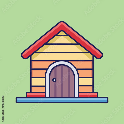 Cute cartoon doghouse or pet house with red roof on green background