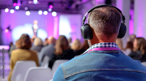 Man with headphones listening attentively at brightly lit event