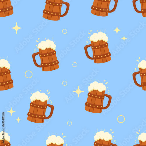 Beer mug seamless pattern on blue background