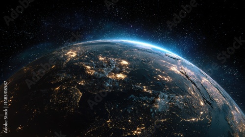 Earth planet in deep space. Outer dark space wallpaper. Night on planet with cities lights. Surface of Earth. Sphere.